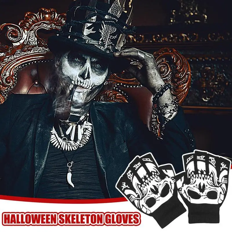 Kids Skull Gloves Halloween Half Finger Skull Mittens Glow In The Dark Halloween Skeleton Mittens For Running Outdoor Cycling