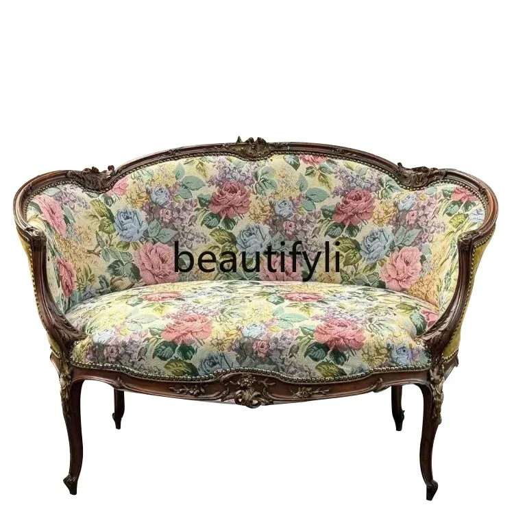 

03.French retro solid wood fabric double triple sofa chair pastoral carved leisure chair