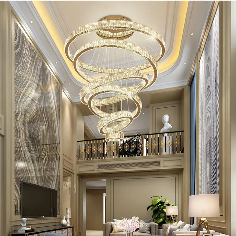 

Remote Luxury Modern Ring Crystal Chandelier Lighting Stair LED Large Crystal Pendant Lamp Home Decor Light Fixtures
