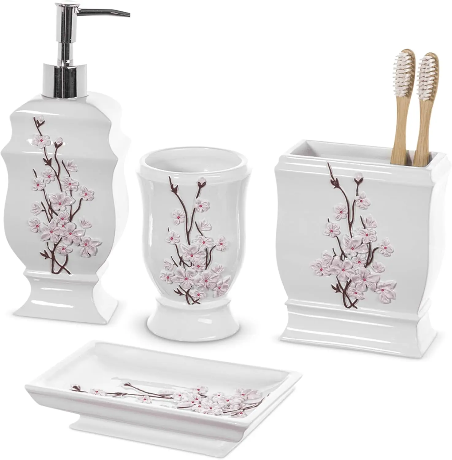 

Cherry Blossom White Bathroom Accessories Set - 4 Piece Floral Soap Dispenser, Lotion Dispenser, Toothbrush Holder & Soap Dish