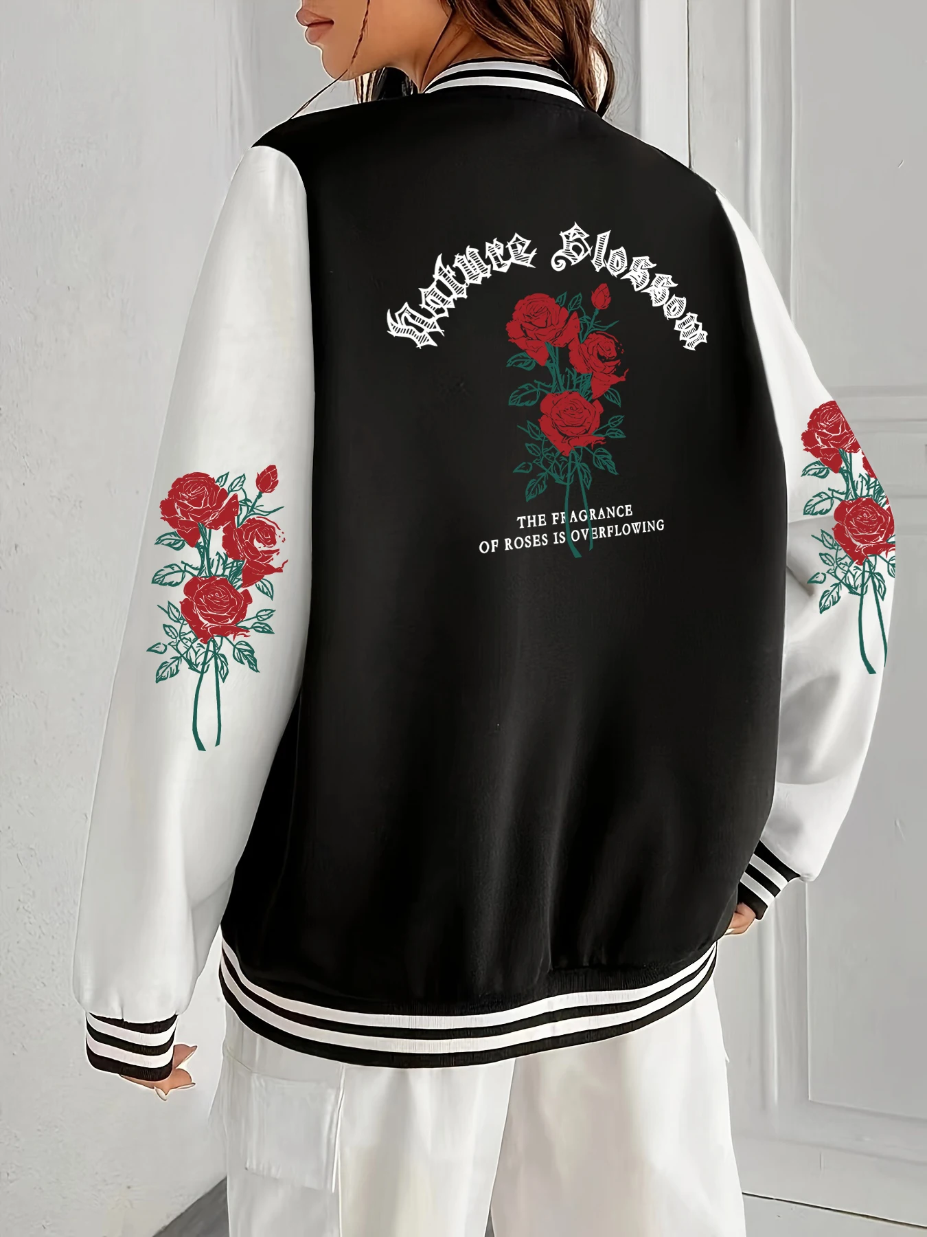 

Rose Is Overflowing Prints Jackets Women Hip Hop Street Baseball Jersey Fashion Casual Y2K Womenswear Loose Warm Veste Unisex