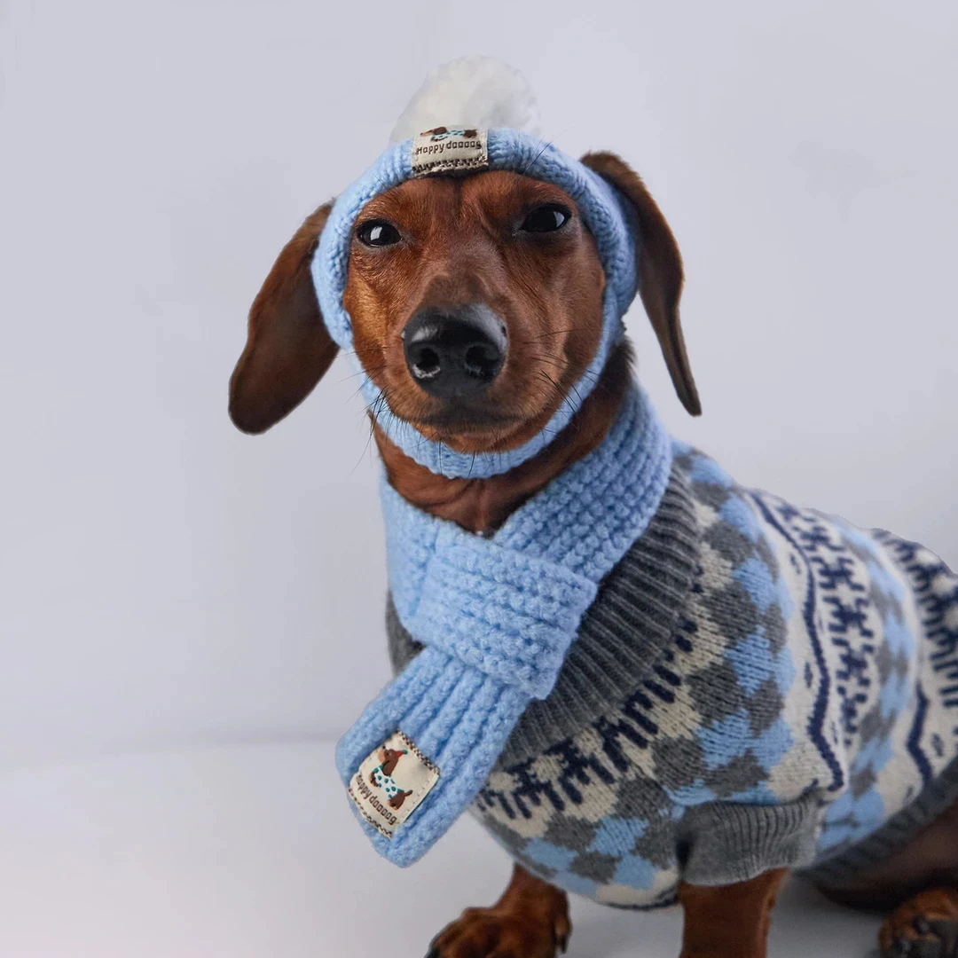 Warme blauwgrijze Fair Isle trui voor Wiener Dog, geschikt voor de winter en de herfst. Zachte, korte mouwen, dikke vest voor Dachshund.