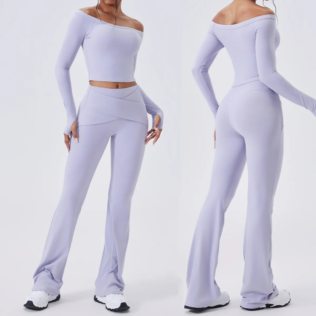 

2PCS Yoga Set Women Sportswear long sleeve Sport Suit Gym Workout Clothes strapless Crop Top High Waist flared Fitness Leggings