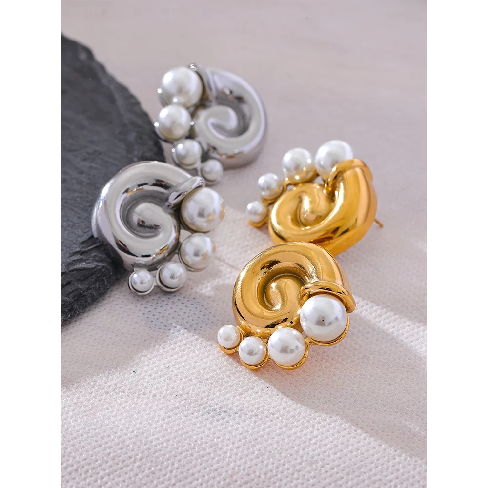 Yhpup Big Promotion 18k Gold Plated Imitation Pearls Stainless Steel Conch Stud Earrings for Women Fashion Jewelry Wholesale