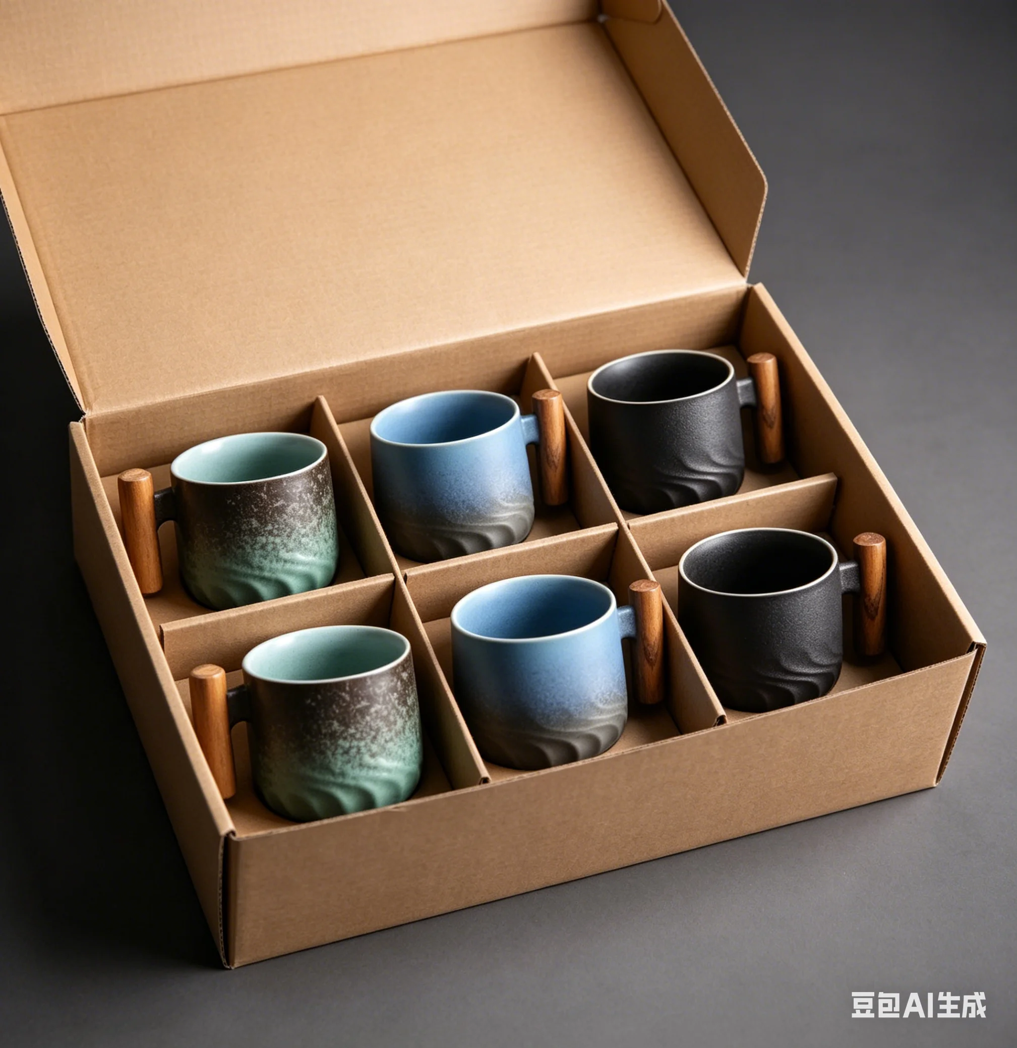 Ensemble de 6 tasses à expresso en céramique rétro avec poignée en bois, tasse à café ou à thé faite à la main, tasse à eau de bureau, boîte cadeau incluse