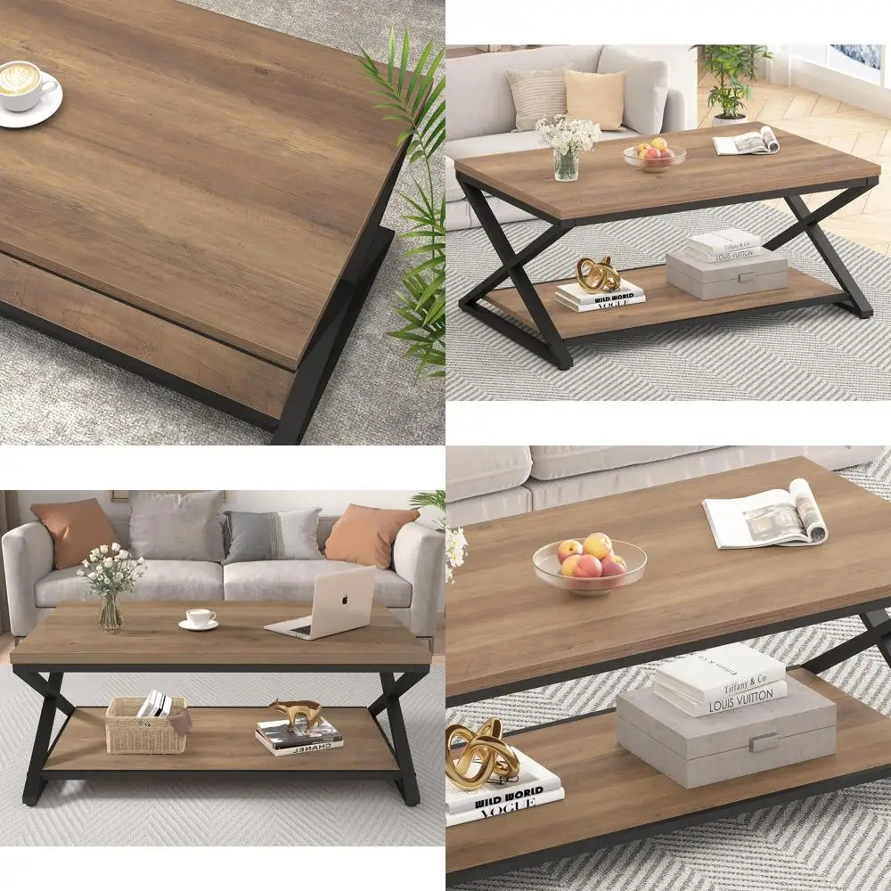 

Elegant Wood and Metal Living Room Coffee Table with Storage and Display Shelf, 39 Rustic Oak