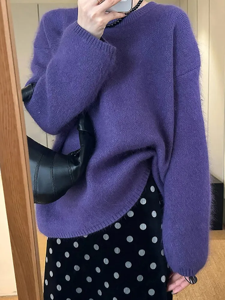 Sweter damski dzianinowy, luźny, długi, okrągły dekolt, casualowy, wygodny, jednolity kolor, europejski styl.