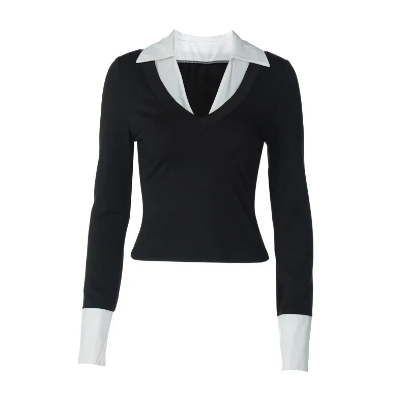 

Fashion Temperament Splicing Contrasting Color Lapel Slim Fit Women's T-shirt Top