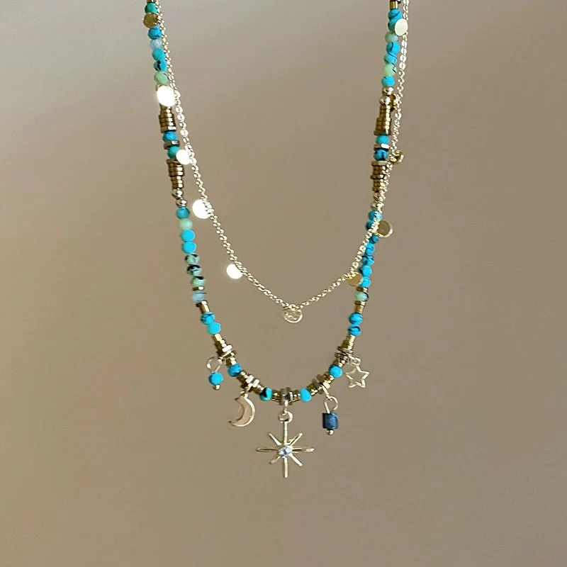 2Pcs Bohemian Style Stone Necklace for Women Charm Star Pendant Stacked Clavicle Chain Fashion Jewelry Gifts