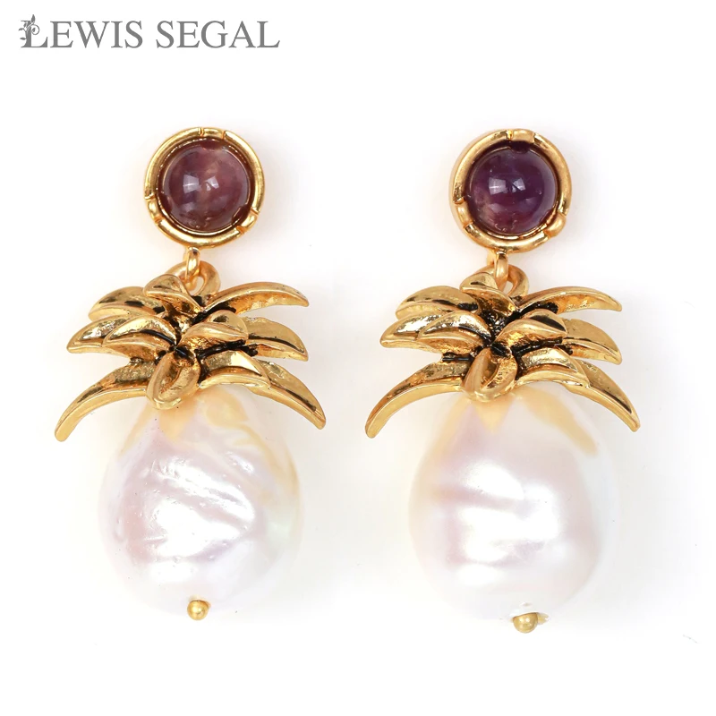 

LEWIS SEGAL Gold Leaf Drop Pearl Earrings Vintage for Women Luxury Medieval Style Fine Jewelry 18K Gold Plated