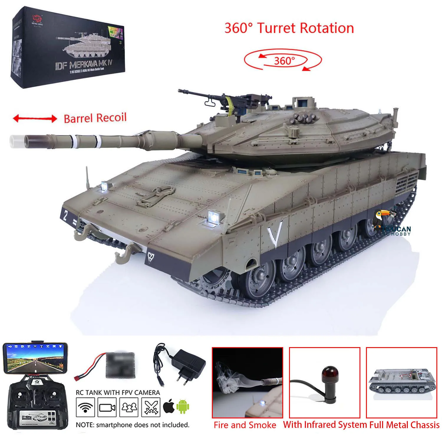 Toys 1/16 RC Battle Tank Heng Long IDF Merkava MK IV 3958 Full Metal Chassis FPV TOUCAN Remoted Panzer Smoke Car Vehicle TH22668