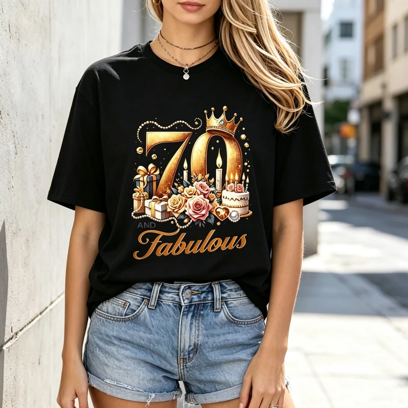 Vintage 70 Fabulous Birthday T Shirt Women Gold Crown Candle Cake Rose Print Casual Short Sleeve Party Gift Tee Y2k Top Cotton