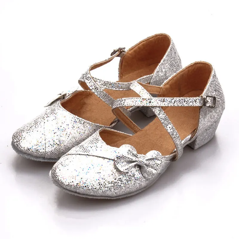 Glitter Bow Closed Toe Latin Dance Shoes Kids Girls Children Women Ballrrom Tango Low Heels 3.5CM Dancing For Ladies Salsa Shoes