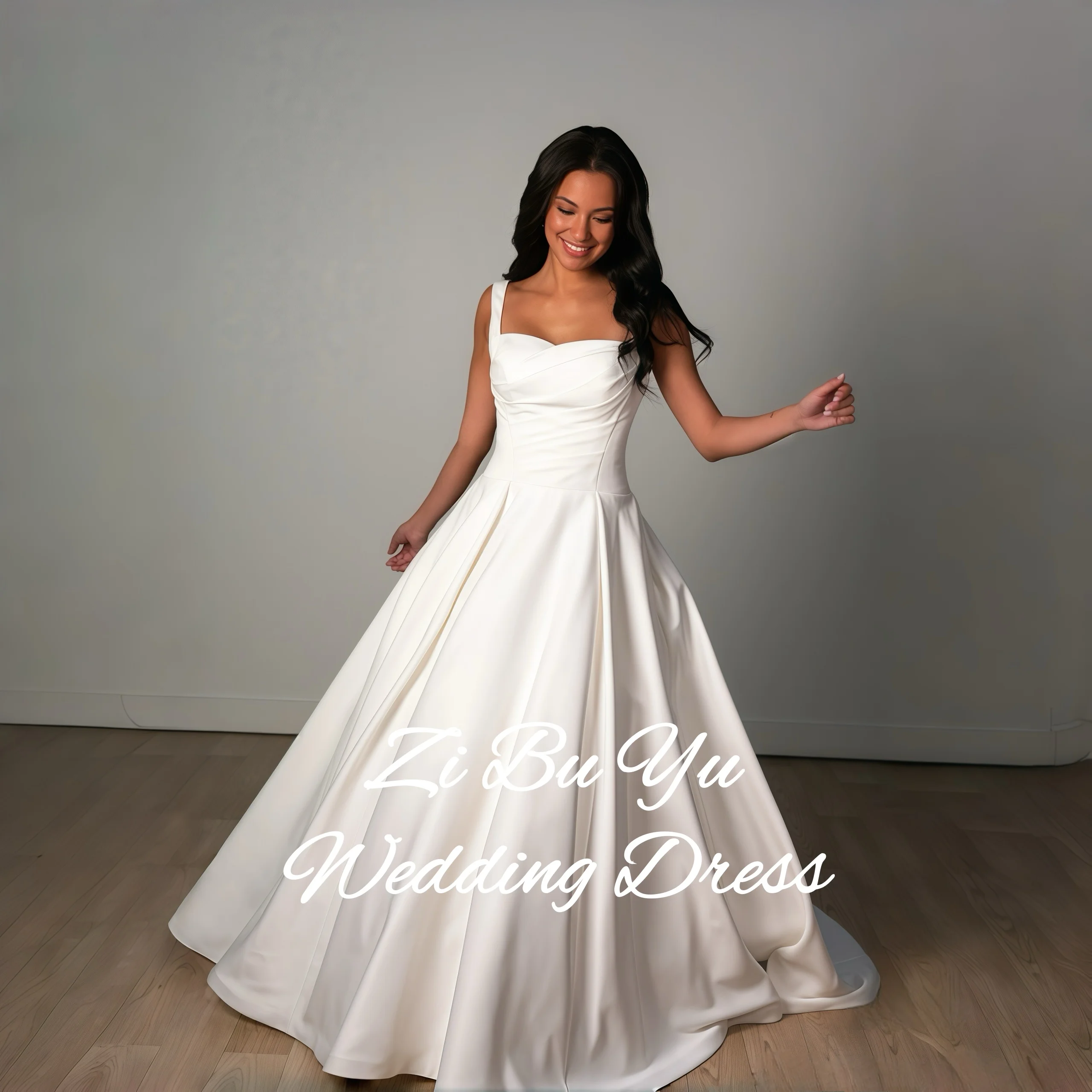 ZIBUYU Customized Elegant Wedding Dress Square Neck Wide Spaghetti Straps Backless Satin Ruched Bodice A-Line Train Bridal Gown