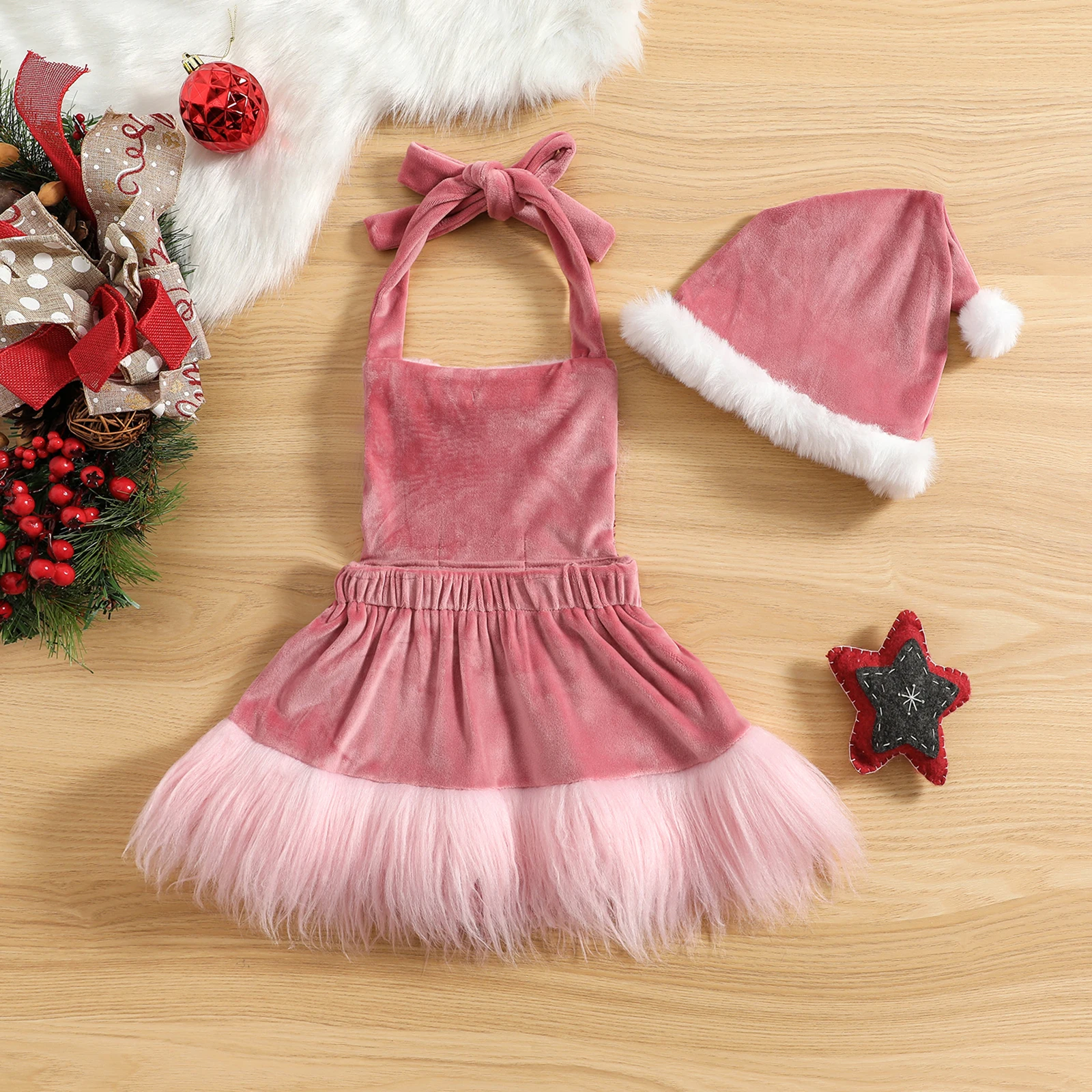 2022-08-30 Lioraitiin Baby Girls Christmas Romper Dress Sequins White Plush Trim Patchwork Sleeveless Tutu Jumpsuits with Hat