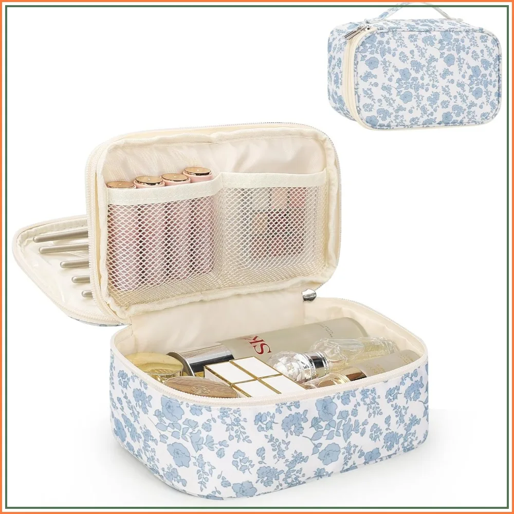Travel Makeup Bag, Small Floral Cosmetic Pouch with Brush Compartment, Portable Double Layer Organizer for Women