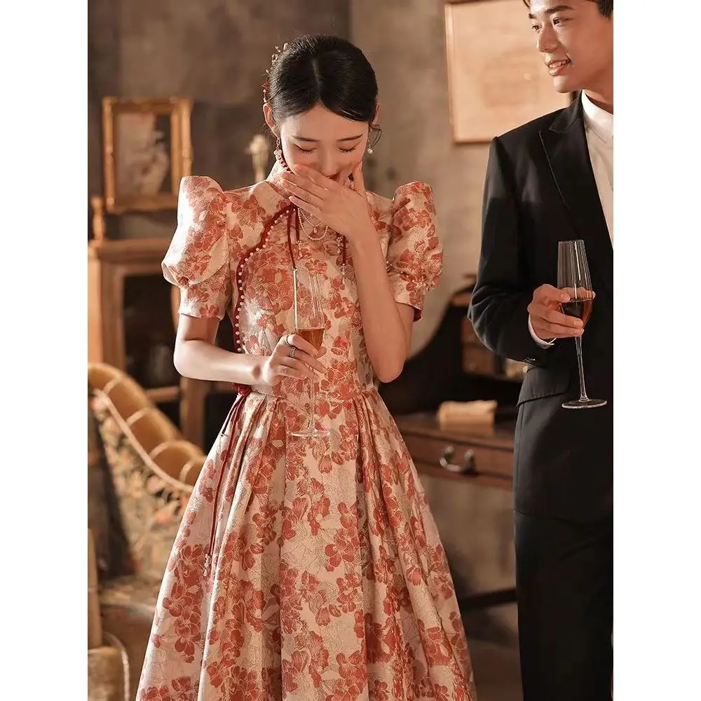 

New 2026 Wedding Dress Evening Gown Return Home Thank You Banquet Long Qipao Dress High Waist Princess Skirt
