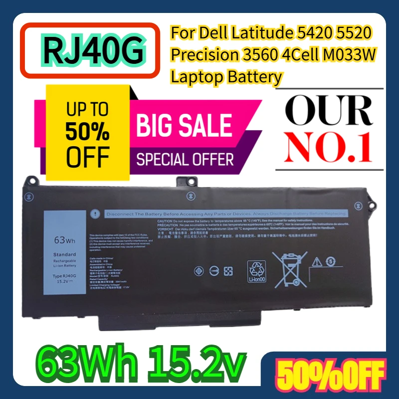 بطارية الكمبيوتر المحمول Dell Latitude 5420 5520 Precision 3560 63Wh 4Cell M033W RJ40G
