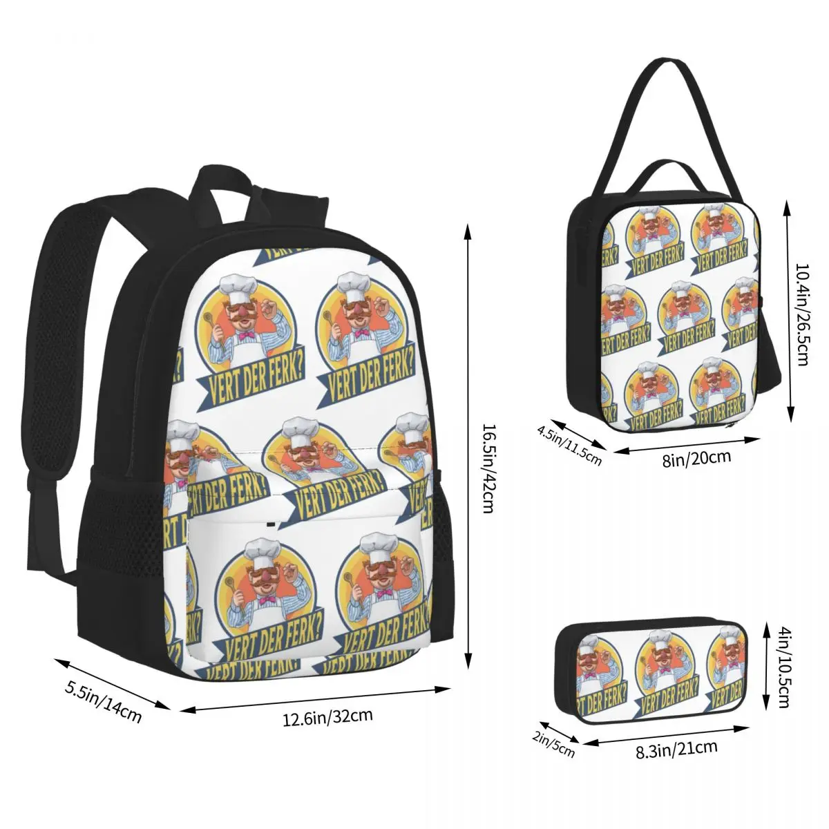 VERT DER FERK Backpacks Students Bookbag School Bags Kids Rucksack Lunch Bag Pen Bag Three-Piece Set