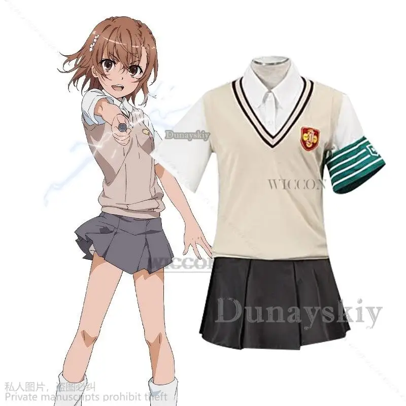 Anime mikoto misaka cosplay traje anime kuroko shirai cosplay jk uniforme escolar roupa de halloween peruca curto marrom cosplay papel