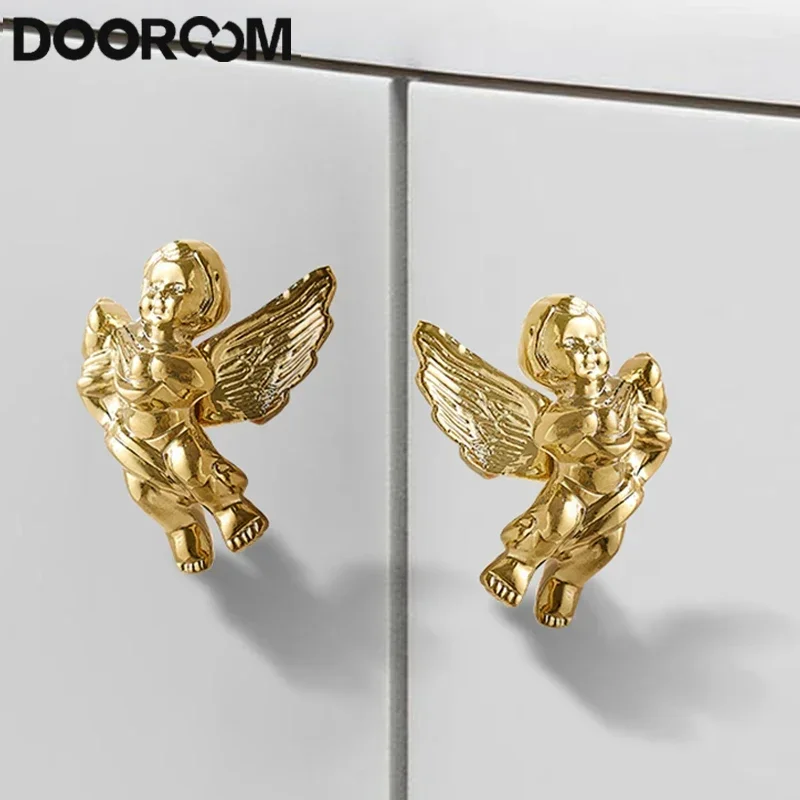 DOOROOM Brass Drawer Handle Angel Creative Knob Light Luxury European Kitchen Cabinet Door Handles Wardrobe Closet Accessories