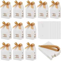 24 Pcs House Shaped Party Boxes, 2.83x2.04x4.92 Inch Candy Gift Case with Polyester Ribbon Hollow Cardboard Paper Treat Boxes