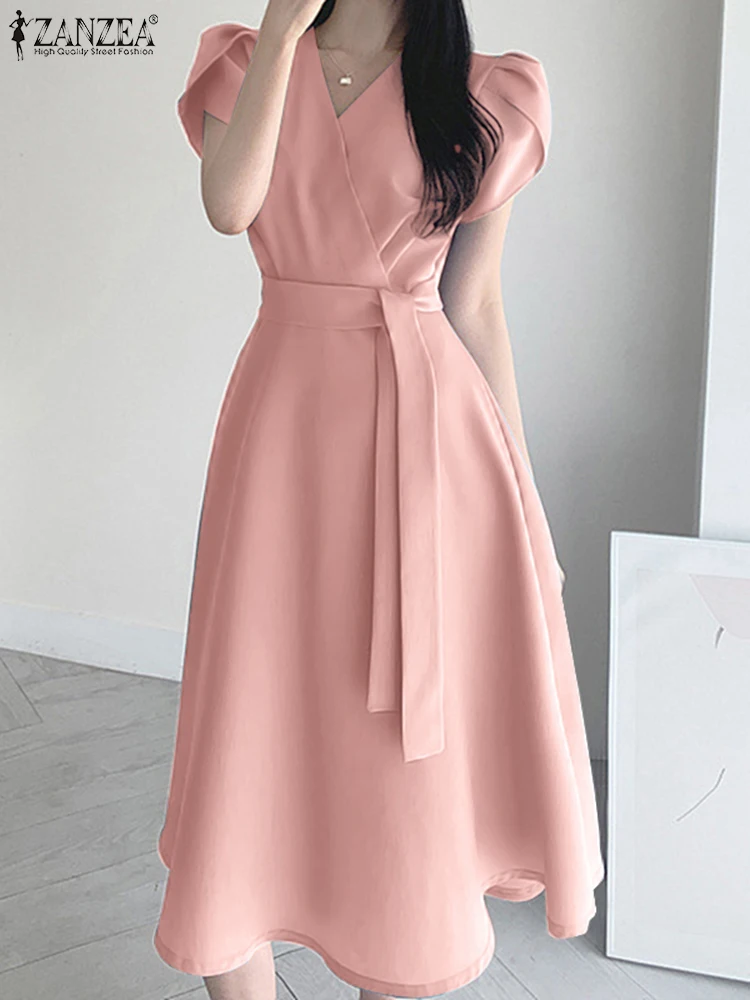 ZANZEA Elegante Sommer Kurzarm Kleid Frauen Mode OL Arbeit Sommerkleid Robe Femme Casual Solide EINE Linie Vestido Kaftan Sarafans