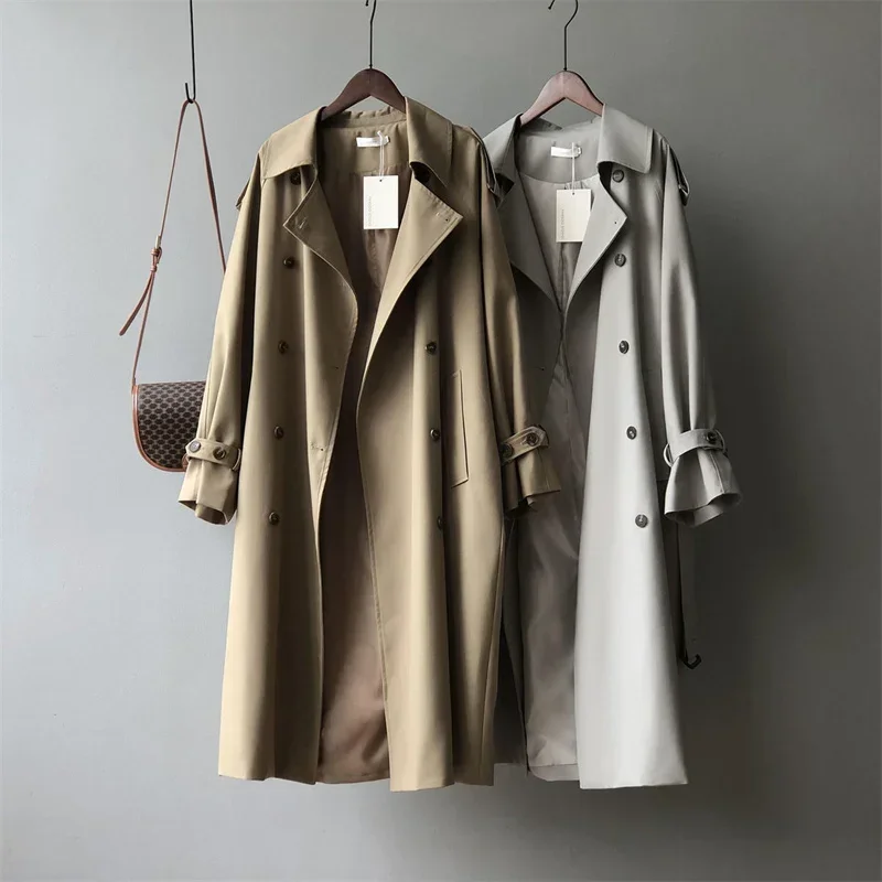 

Classic Khaki Long Trench Coats Women Oversize Korean Fashion Belt Windbreaker Fall Spring Overcoat Double Breasted Loose Coats