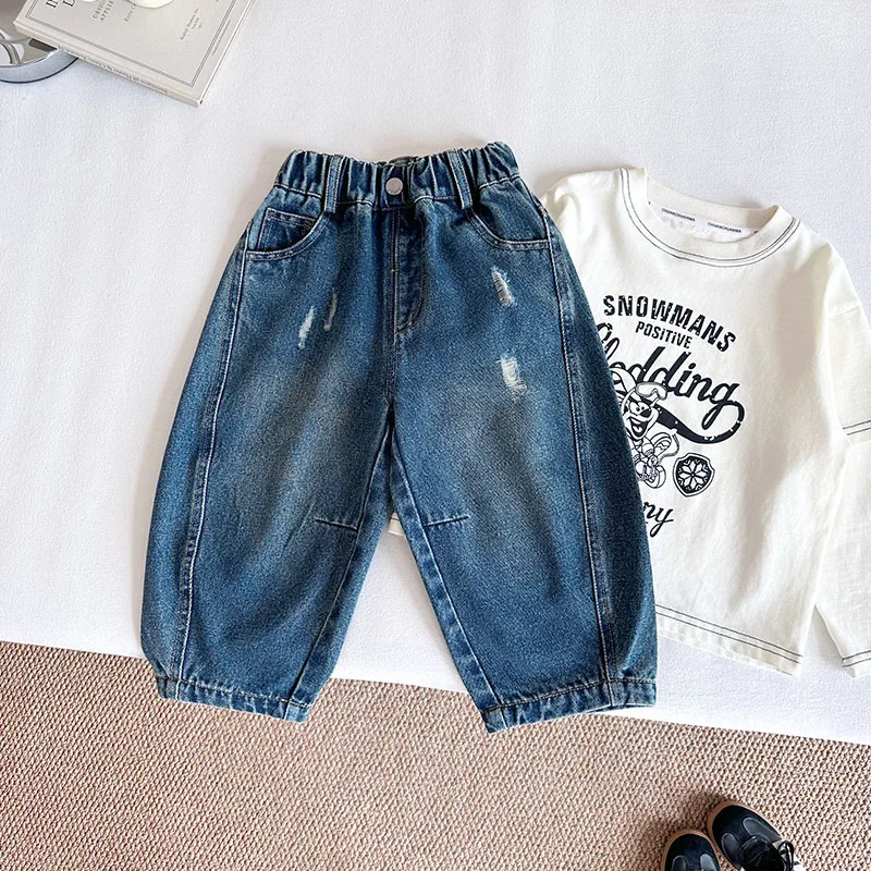 Kids Clothes Daily Jeans New Korean-style Stylish Slouchy Versatile Loose-fit Denim Pants Autumn Boys and Girls Long Pants