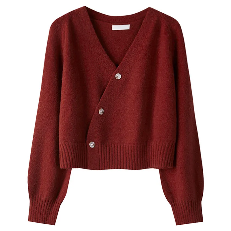 2025 Autumn New Small Women's Sweater Knitted Cardigan Short Jacket Top Burgundy Design