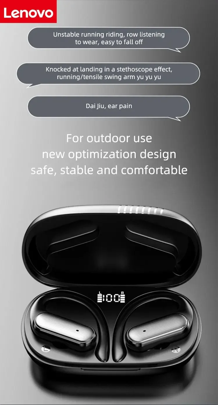 Original Lenovo  Wireless Business Headphone Ear-Hook HIFI Bass Noise Cancelling Earphone With Mic Earbuds Sport Game Headse