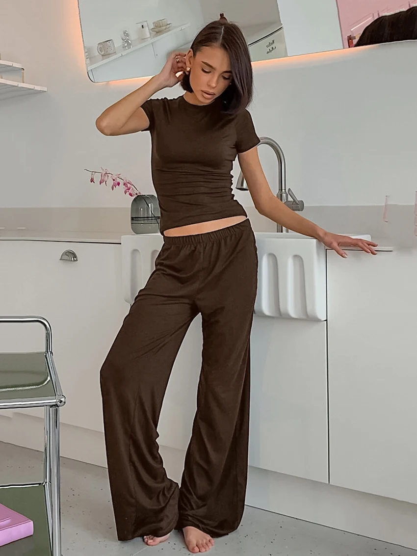 Marthaqiqi Summer Ladies Sleepwear Set O-Neck Pajamas Short Sleeve Nightie Crop Top Nightgown Pants Casual Female Nightwear Suit