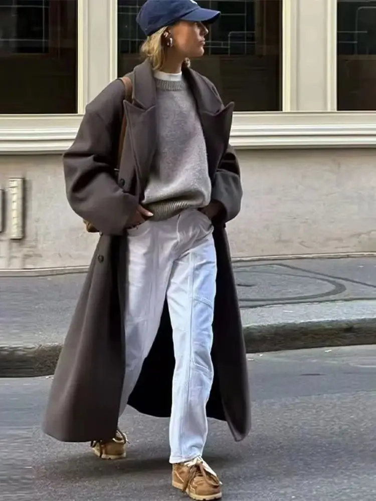 

HH Woman Fashion Solid Long Sleeves Double Breasted Lapel Long Coat Female Versatile Casual Commuting Winter Long Overcoat