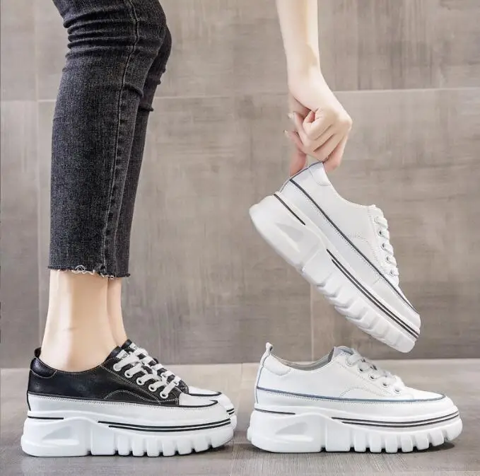 

High Platform Women Sneakers Genuine Leather 6.5CM Heightened Shoes Lady Spring Autumn Female Chunky Sole Flats