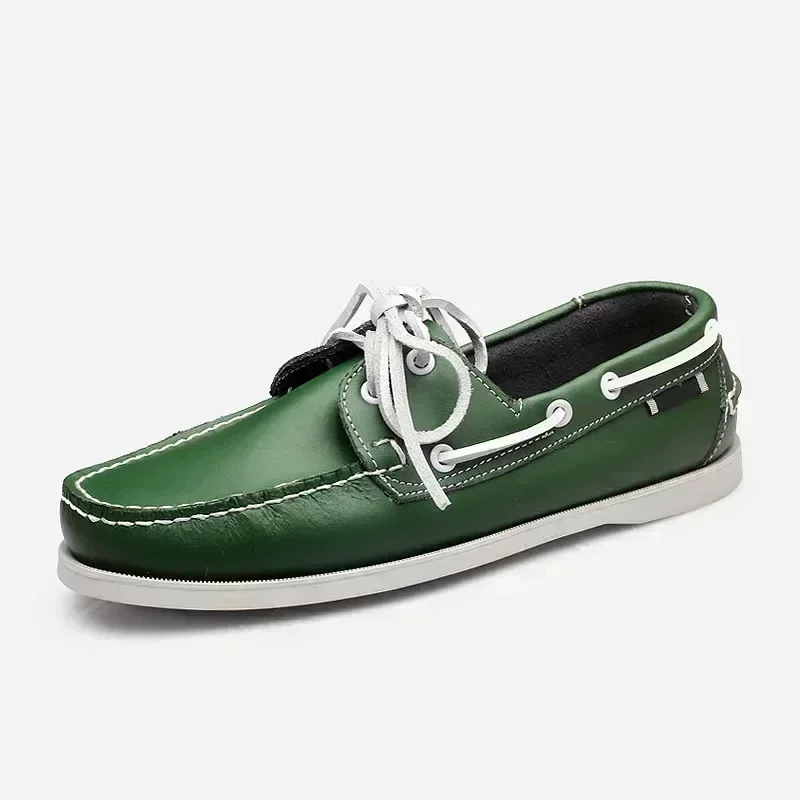 2024 Men Genuine Leather Classic Docksides Boat Shoes Mocassins Handmade Shoes Mens Casual Non-Slip Rubber Outsoles