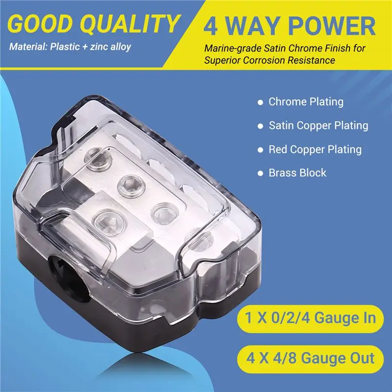 Top-Rated 4 Way Power Distribution Block 1 X 0/2/4 Gauge In /4 X 4/8 Gauge Out Ground Distributor Block For Car Audio Amplifier