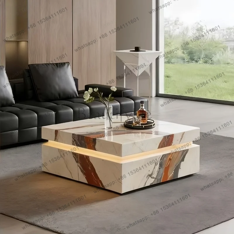 Orange-red rock slab coffee table living room home hotel new light luxury high-end wabi sandy wind square artistic tea table