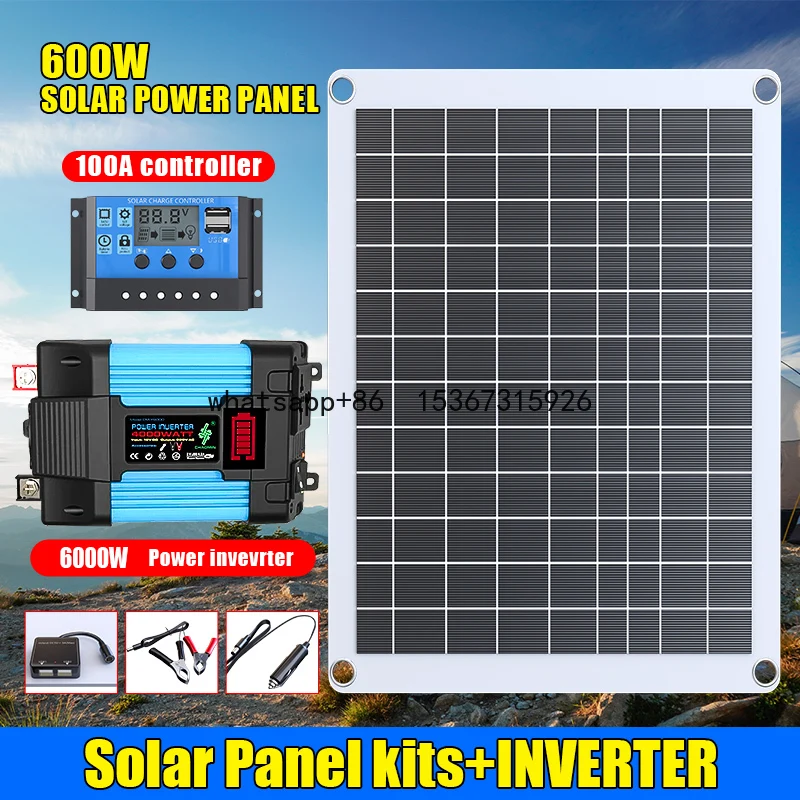 

110V 220V Solar Panel System 600W Solar Panel 12V Battery Charger Controller 6000W Inverter Kit Complete Power Bank For Camping