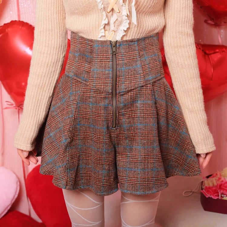 

SALES Japan Liz Lisa Zipper At Front Plaid Woolen High Waist Shorts Wool Skirts