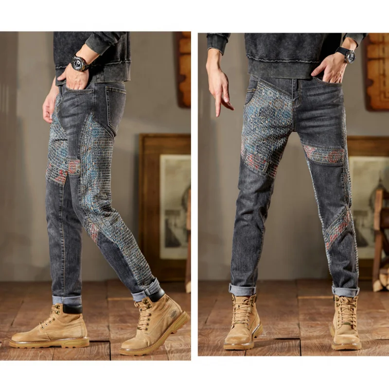 Top of the Range Jeans for Men with Collision Cashew Flowers Personalized, Black and Gray Casual Jeans