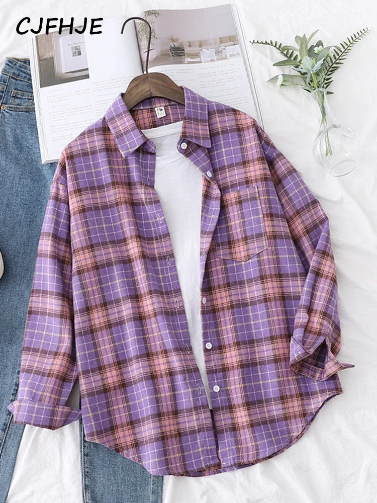 CJFHJE Autumn New Women\'s Vintage Oversize Flannel Plaid Shirt with Pockets Full Sleeve Turn Down Collar Blouse Casual Tops