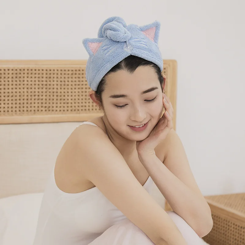 Coral Fleece Women's Absorbent Cute Hair Drying Towel Super Absorbent Thickened Cartoon Embroidered Cat Triangle Hat