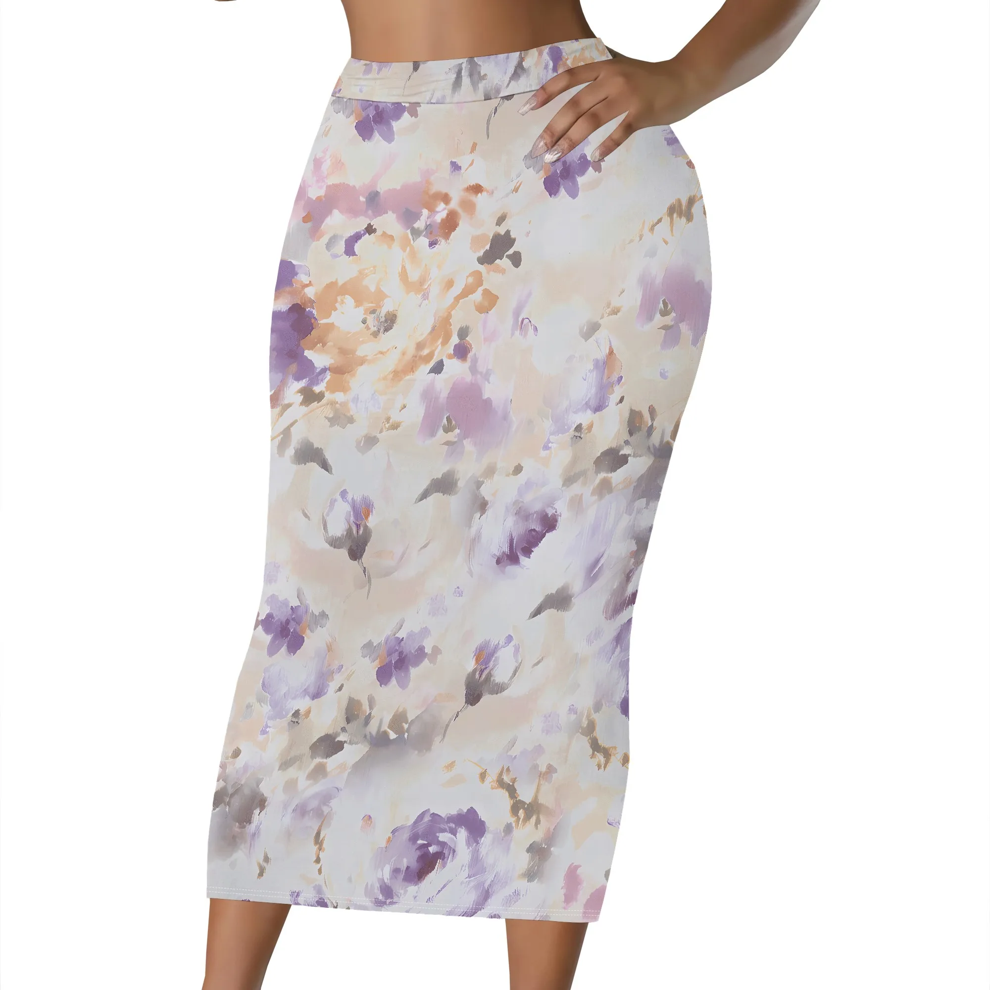 Blumenmuster Bleistiftrock, Aquarell-Print Midirock, Lila Blumen-Bodycon-Rock, Elastischer Bund Damen Bürokleidung, S-2XL – Detail 1