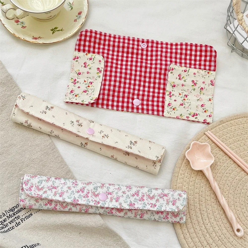 Floral Plaid Spliced Tableware Storage Bag Snap Button Fixed Portable Lightweight Cutlery Organizer Bag Utensil Pouch