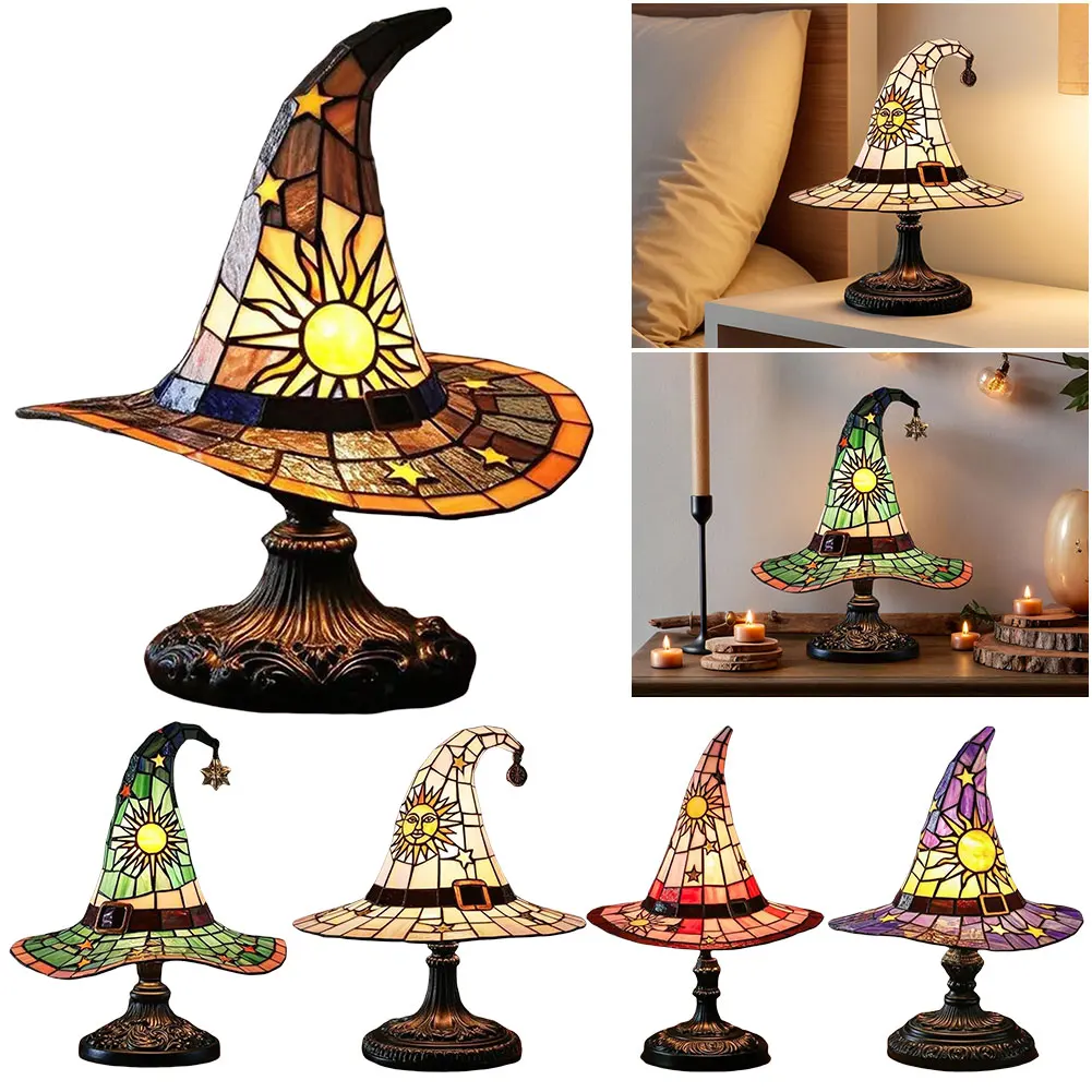 Kolorowa Lampa Stołowa LED w Kształcie Kapelusza Wiedźmy z Witrażem, Ręcznie Robiona Lampa Nocna USB, Kreatywna Lampka Nocna do Dekoracji Domu i Sypialni