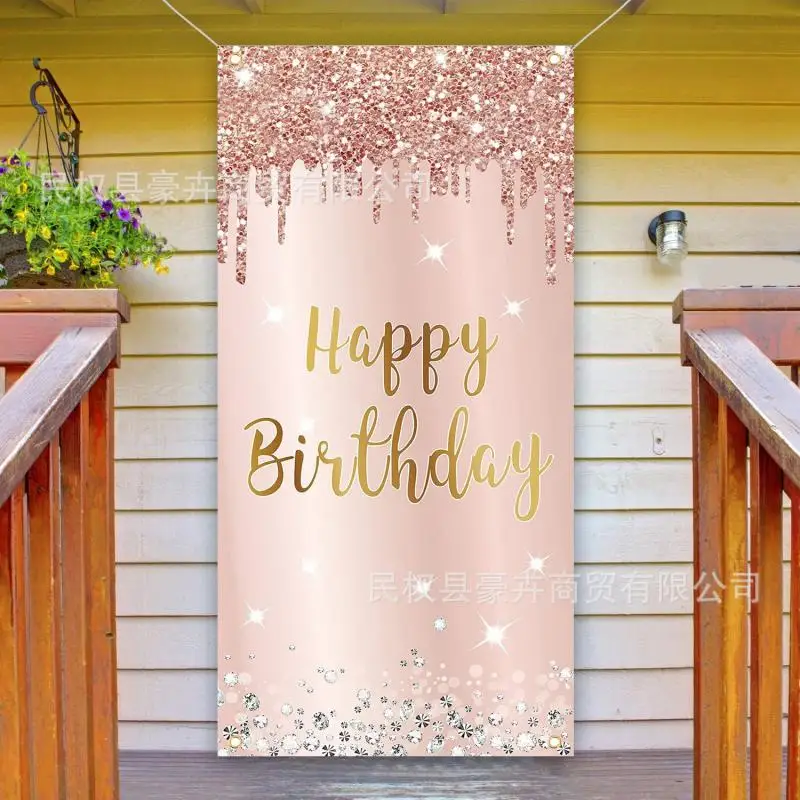 180Cm*90Cm Girl Princess Birthday Door Banner Flag Women Happy Birthday Gold Pink Photography Background Party Sign Decor