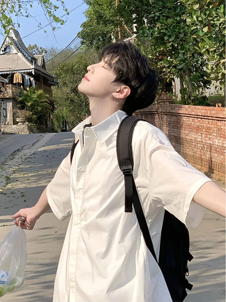 

White ort Sve irt Men's Summer Clean Sle Japanese Boy Feel Top Loose Fit Youth Trend Spring Regular Length Button down