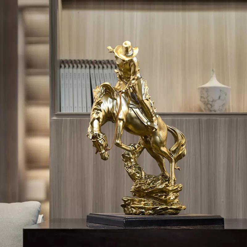 樹脂製手工芸品-人工フィギュア-彫刻-西部カウボーイ騎士-金色の馬-装飾用置物-ホームデコレーション