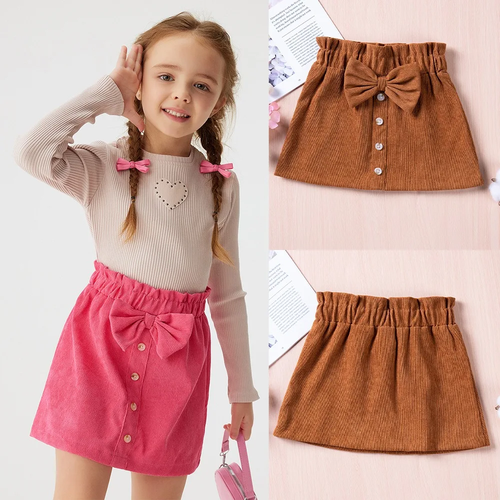 Toddler Girls Solid Button Skirt with Bow Decor Casual Spring Autumn 0-6Y Sweet A-line Dress Half-body Skirt Baby Trendy Clothes