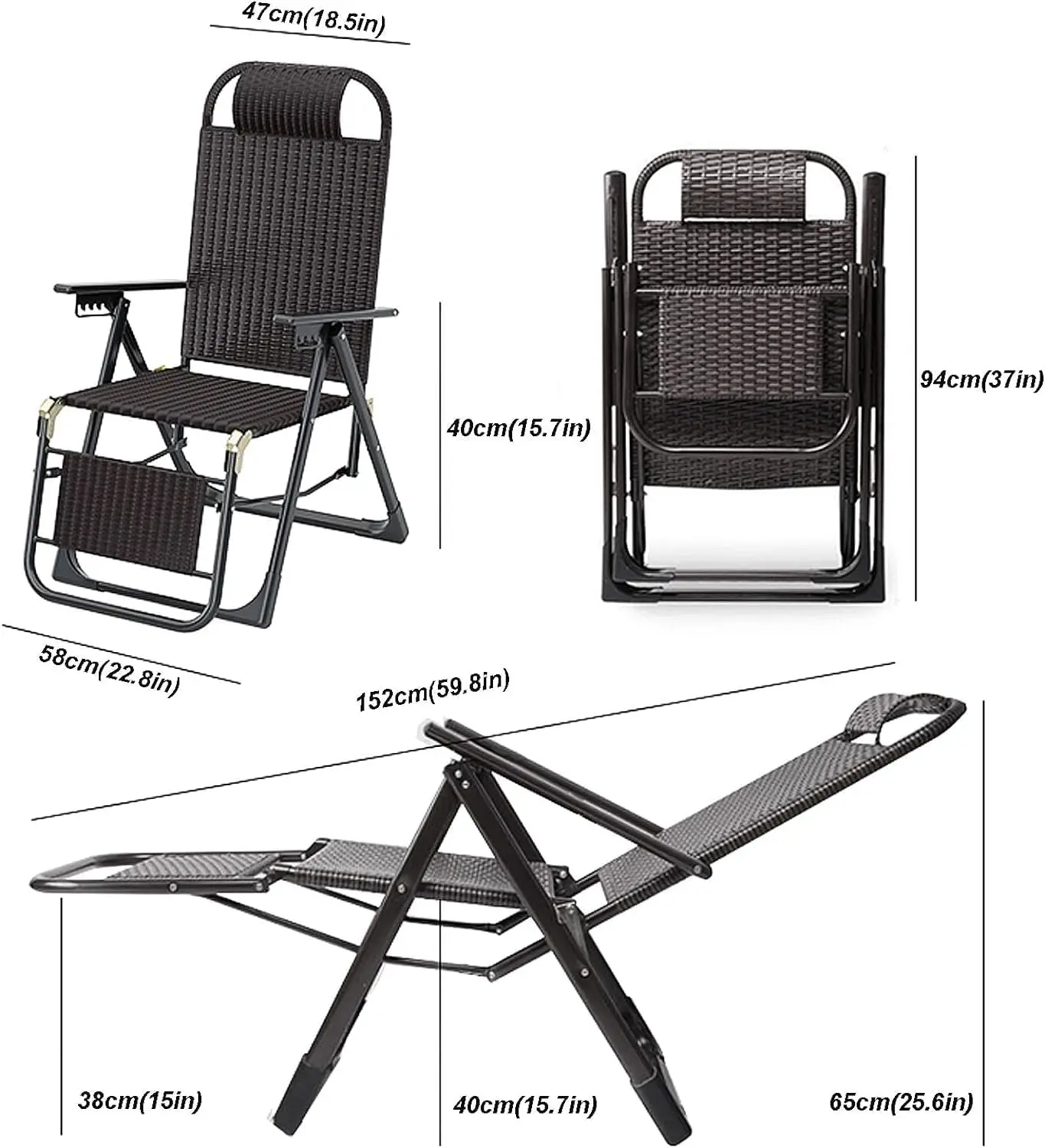 Outdoor Foldable Reclining Rattan Chair Heawy Steel Frame Adjustable, Lounge Zero Gravity Recliner Chair for Yard, Lawn, Porch,